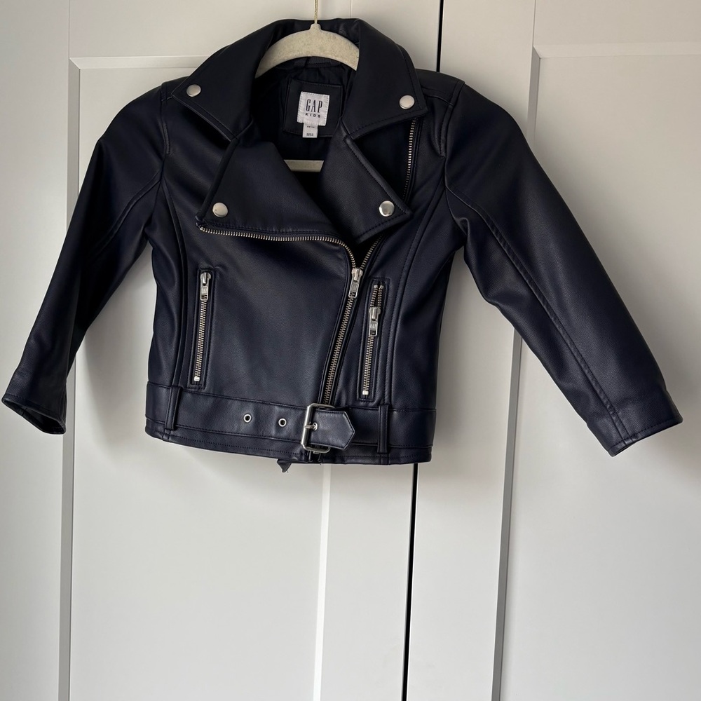 GAP Kids Navy Faux Leather Moto Jacket, XS (Size 4/5)